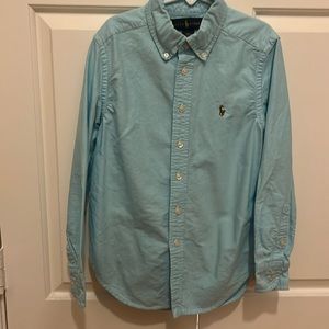 Ralph Lauren boys button down collared shirt  in an aqua blue. Like new